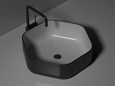 Modern Hexagonal Black And White Bathroom Washbasin With Sleek Black Faucet 3d model