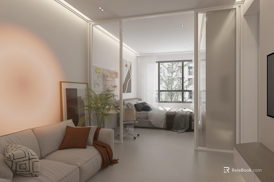 Modern Bright Apartment With Sofa Bed Big Window And Plants 3d model 