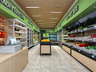 Supermarket Interior Featuring Grocery Goods Fresh Produce Shelves And Checkout Counter 3d model