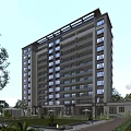 Modern High Rise Residential Building With Greenery Trees Lawns And Landscaped Entrance