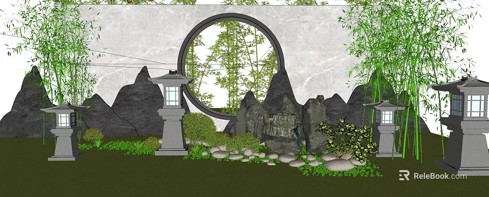 Traditional Courtyard Garden with Circular Window Bamboo Stone Lantern Rock Formations and Pebbles 3d model 