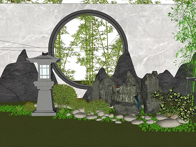 Traditional Courtyard Garden with Circular Window Bamboo Stone Lantern Rock Formations and Pebbles 3d model