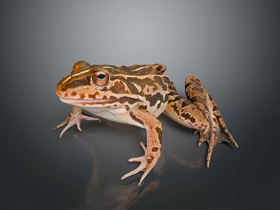 Brown And White Striped Frog With Visible Eyes Sitting On Gray Smooth Surface 3d model