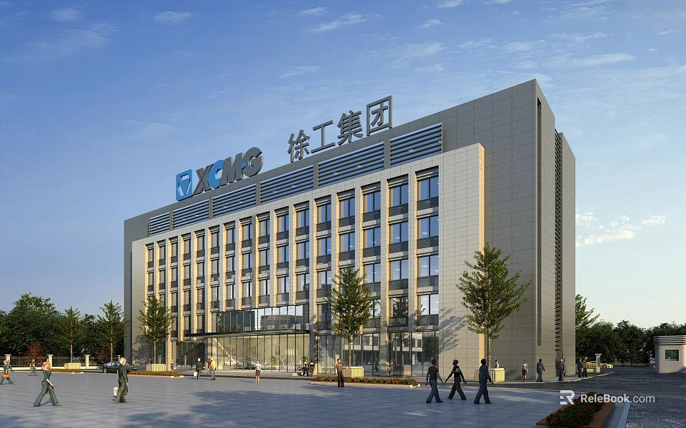 XCMG Group Modern Office Building With Glass Windows Trees And People Walking In Square 3d model 