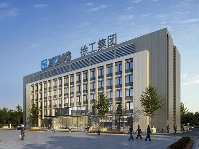 XCMG Group Modern Office Building With Glass Windows Trees And People Walking In Square 3d model