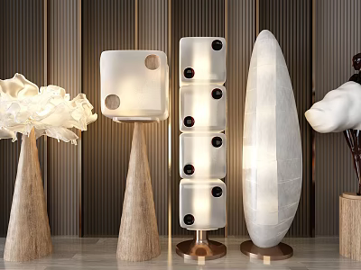 Modern Minimalist Floor Lamps With Various Shapes Wooden Bases And White Shades 3d model