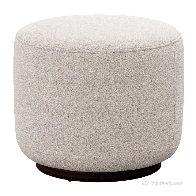 Round Beige Stool with Textured Fabric Upholstery and Dark Wooden Base 3d model 