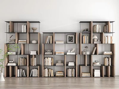 Modern Wooden Shelving Unit In Living Space With Books Decorative Items And Vase 3d model