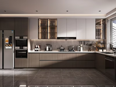 Modern Kitchen Interior Design With Island Counter Cabinets And Integrated Appliances 3d model