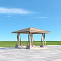 Wooden Pergola With Lattice Roof Supporting Columns And Stone Base On Paved Ground