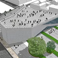Modern Public Building Design With Stepped Roof People Gathering Green Area And Trees