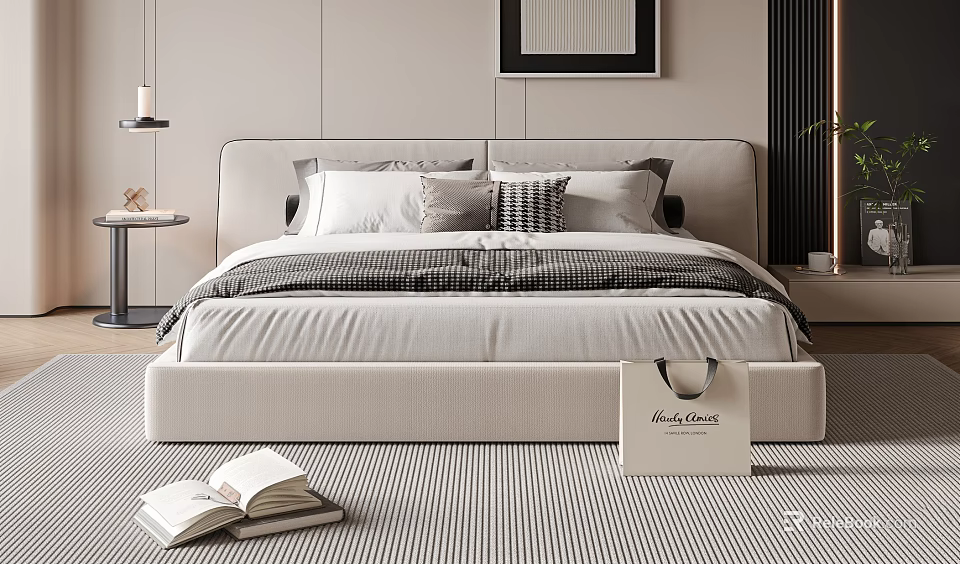 Modern Double Bed With Minimalist Headboard Striped Bedding And Bedroom Rug 3d model 