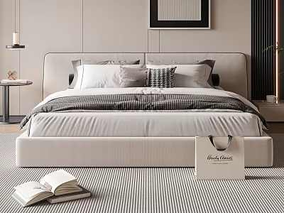 Modern Double Bed With Minimalist Headboard Striped Bedding And Bedroom Rug 3d model