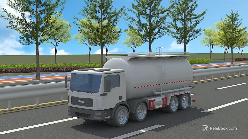 White Tanker Truck Function Vehicle Transporting On Road With Trees And Highway 3d model 