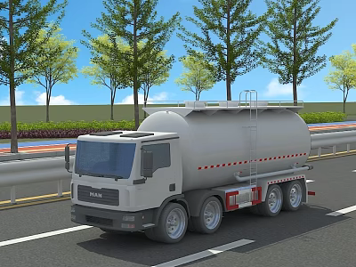 White Tanker Truck Function Vehicle Transporting On Road With Trees And Highway 3d model