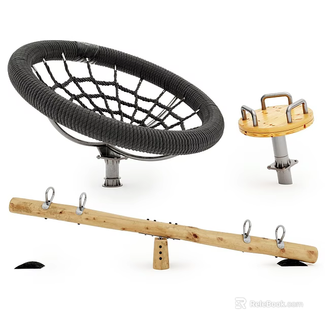 Outdoor Children Playground Equipment Including Net Swing Climbing Post And Wooden Seesaw 3d model 