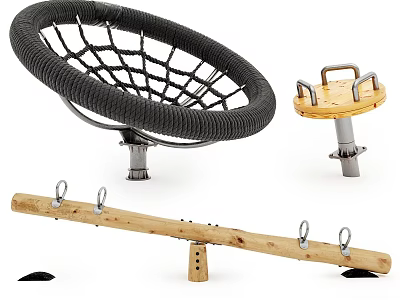 Outdoor Children Playground Equipment Including Net Swing Climbing Post And Wooden Seesaw 3d model