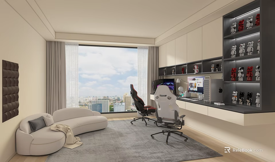 Modern Home Office Interior With Large Window City View Sofa Rug And Computer Setup 3d model 