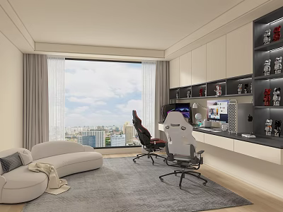 Modern Home Office Interior With Large Window City View Sofa Rug And Computer Setup 3d model