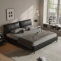 Black Leather Double Bed in Modern Bedroom with Nightstand Table Lamp and Wall Art