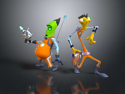 Green And Yellow Animated Characters In Orange Outfits Holding Weapons Standing Together 3d model