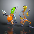 Green And Yellow Animated Characters In Orange Outfits Holding Weapons Standing Together