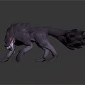 Purple Wolf 3D Model in Crouching Pose with Red Eyes Sharp Teeth and Feathery Tail