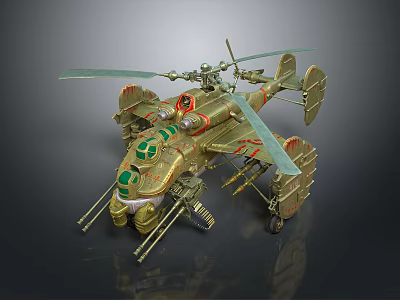 Intricate Helicopter Model With Green Gold Mechanical Details Weapons And Rotors 3d model