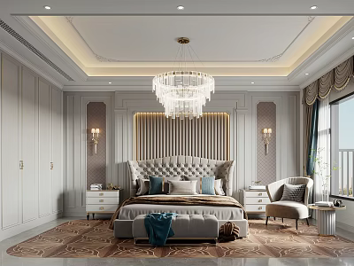 Elegant Modern Bedroom Interior With Crystal Chandelier Upholstered Headboard Striped Wall Panel And Throw Pillows 3d model