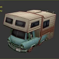 Vintage Blue And Beige Camper Van With Extended Roof Rectangular Windows And Wooden Paneling