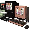 Vintage Computers with Colorful Monitors Cartoon Characters on Screens Keyboards and CPUs