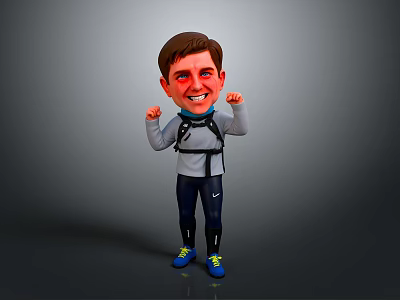 Cartoon Character With Short Hair Gray Top Black Backpack Dark Pants Blue Sneakers Smiling Fists Raised 3d model