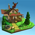Cartoon Doll Shop Cottage With Mossy Roof Green Lawn Steps And Goat Figure