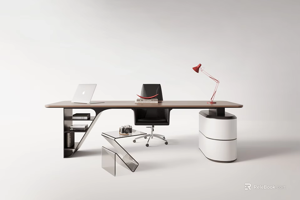 Modern Office Desk with Laptop Black Chair Red Desk Lamp and Minimalist Side Storage Unit 3d model 