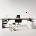 Modern Office Desk with Laptop Black Chair Red Desk Lamp and Minimalist Side Storage Unit