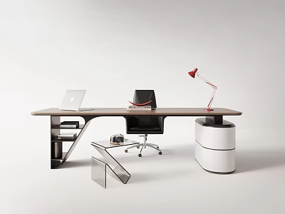 Modern Office Desk with Laptop Black Chair Red Desk Lamp and Minimalist Side Storage Unit 3d model