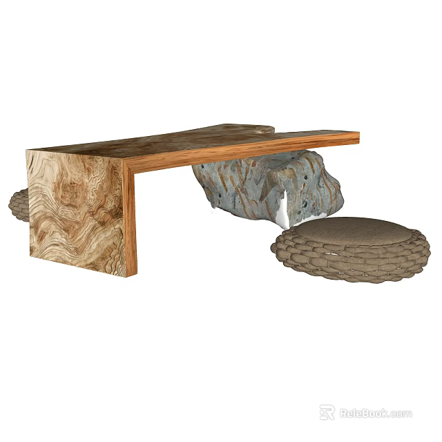 Rustic Wooden Coffee Table With Natural Wood Texture And Stone Accents Plus Woven Round Cushions 3d model 
