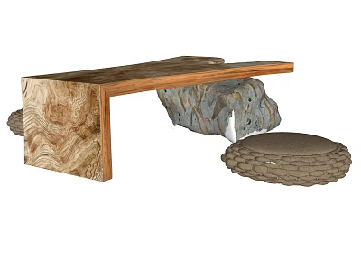 Rustic Wooden Coffee Table With Natural Wood Texture And Stone Accents Plus Woven Round Cushions 3d model