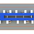 Industrial Equipment Production Line With Blue Canopies Workbenches And Workers Operating