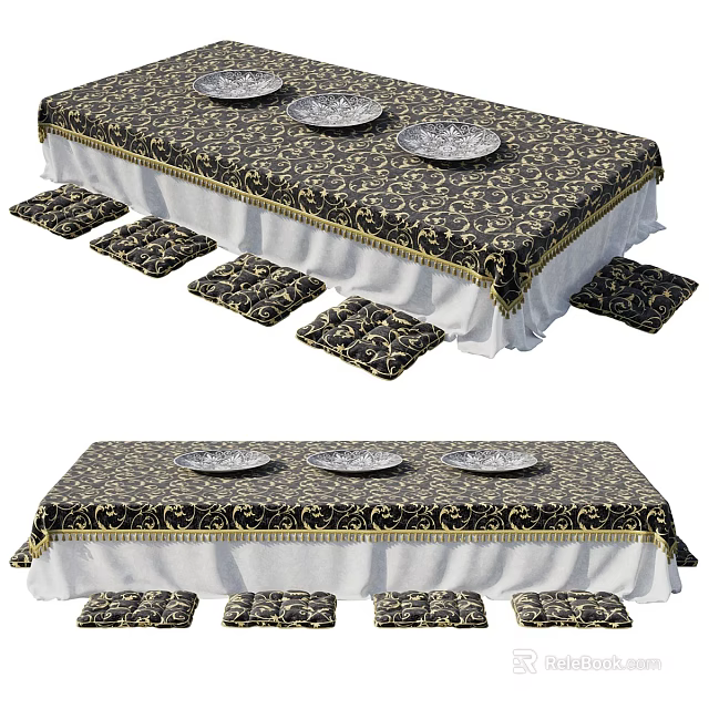 Black Gold Patterned Tablecloth With White Lining And Matching Placemats With Plates 3d model