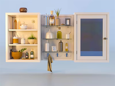 White Storage Cabinet With Open Shelves And Glass Door Holding Kitchen Bottles Jars And Plants 3d model
