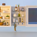 White Storage Cabinet With Open Shelves And Glass Door Holding Kitchen Bottles Jars And Plants