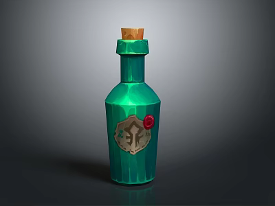 Green Decorative Glass Bottle With Wooden Cork Body Emblem And Red Accent As Household Item 3d model