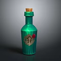 Green Decorative Glass Bottle With Wooden Cork Body Emblem And Red Accent As Household Item