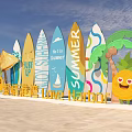 Summer Themed Surfboard Decorations With Pineapple Umbrella And Love Bay Elements