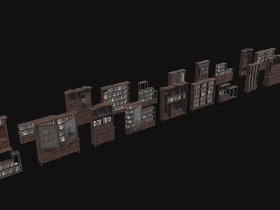 Dark Wood Bookshelves Interior Design With Various Styles And Display Units 3d model