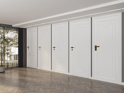 White Hinged Doors with Golden Handles in Modern Interior and Herringbone Wooden Floor 3d model