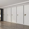 White Hinged Doors with Golden Handles in Modern Interior and Herringbone Wooden Floor