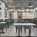 Modern Restaurant Interior With Pendant Lights Tables Chairs Green Plants Bicycle Decor And Tiled Floor