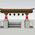 Traditional Chinese Entrance Gate Design With Curved Roof Red Pillars Stone Bases And Hanging Lanterns